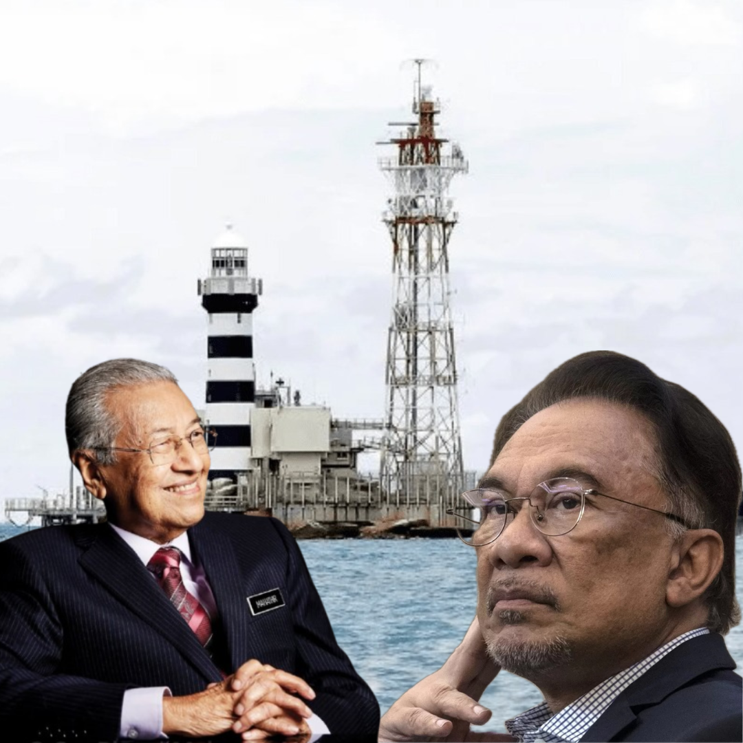 Tun Dr Mahathir Mohamad and Anwar Ibrahim with Pulau Batu Puteh in the background